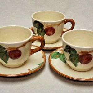 Franciscan Set of 3 Hand Painted Apple Flat Cups & Saucers Made in the USA